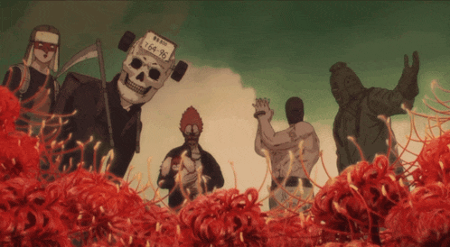 a group of cartoon characters are standing in a field of red flowers one of them has a license plate that says 764-98