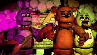 a group of five nights at freddy 's characters standing next to each other in a room .