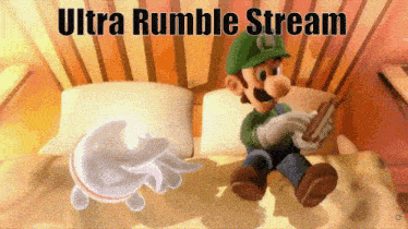 a cartoon of luigi sitting on a bed with the words ultra rumble stream written above him