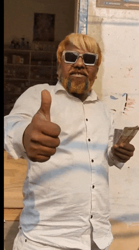 a man wearing sunglasses and a fake beard gives a thumbs up sign