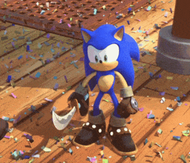sonic the hedgehog is standing on a wooden floor with confetti flying around him