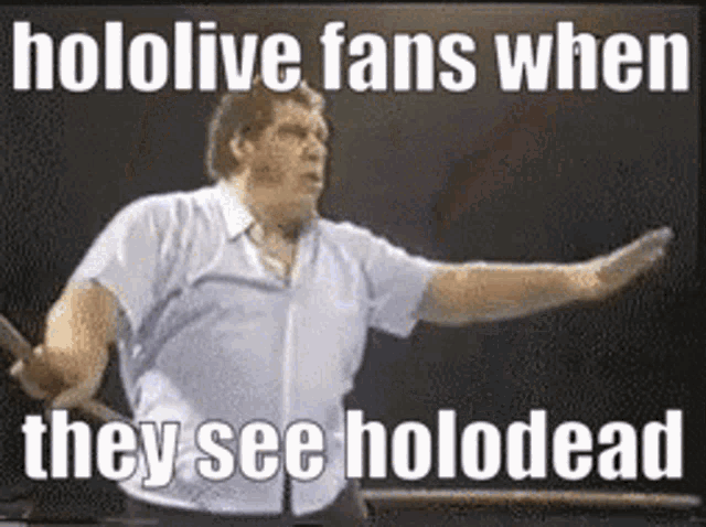 a man in a white shirt is standing in front of a blackboard with the words hololive fans when they see holodead