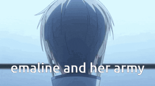 a man with white hair is standing in front of a blue background with the words emaline and her army on it .