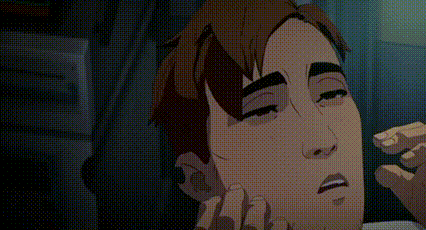 a cartoon man is looking at his face in a mirror .