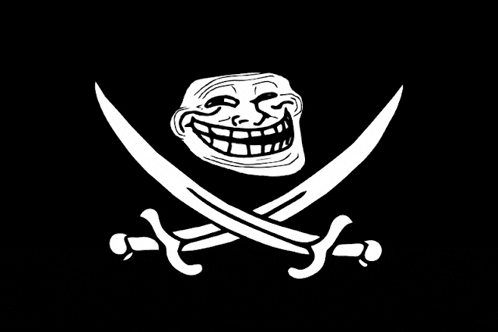 a troll face with two crossed swords behind it