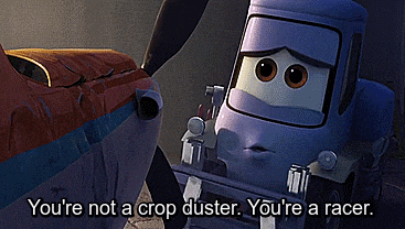 a cartoon plane says " you 're not a crop duster you 're a racer " next to another plane