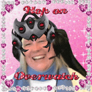 a picture of a woman wearing a helmet with the words hop on overwatch written on it