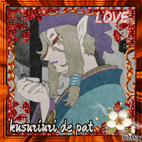 a picture of a man with a purple hat and the words love kusuriuri de pat on the bottom