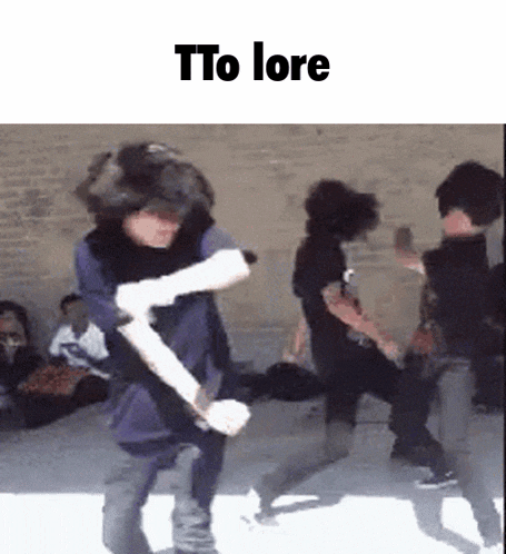 a group of people are dancing in front of a wall with the words tto lore on the bottom