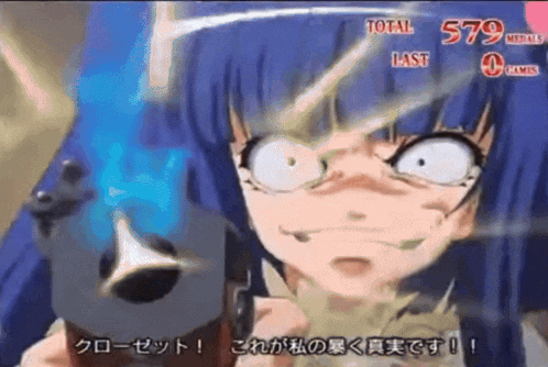 a girl with purple hair is holding a gun with a total of 579 points