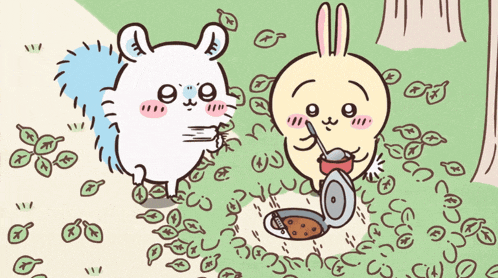 a cartoon drawing of a squirrel and a rabbit drinking from a can