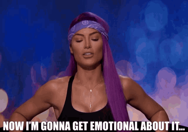 a woman with purple hair and a bandana on her head says now i 'm gonna get emotional about it