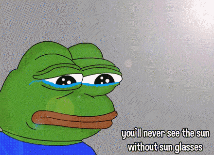 a frog with tears in his eyes and the words " you 'll never see the sun without sun glasses "