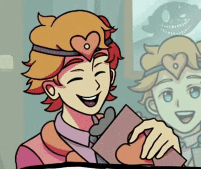 a cartoon character with a heart on his head is smiling and holding a heart .