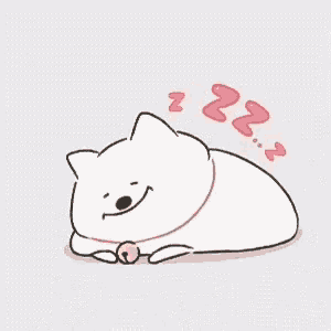 a cartoon drawing of a white dog sleeping with a bell around its neck