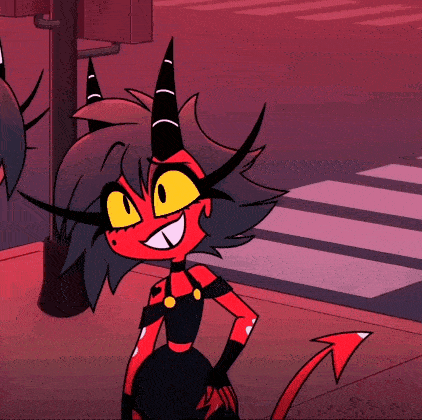 a cartoon character with horns and a tail is smiling while standing on a sidewalk .