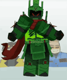 a cartoon drawing of a green robot with a red scarf