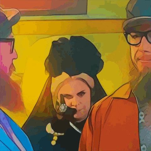 a cartoon drawing of a group of people including a man with glasses