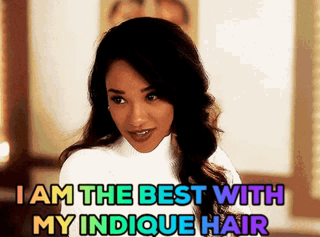 a woman in a white sweater with the words i am the best with my indicque hair above her