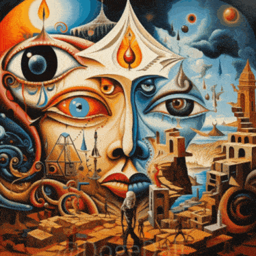 a colorful painting of a woman 's face surrounded by buildings and a large eye