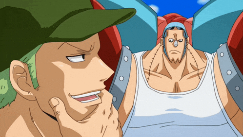 a cartoon drawing of a man wearing a green hat and a white tank top
