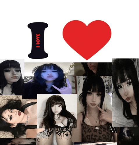 a collage of pictures of a girl with a red heart that says i love on it