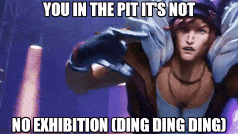 a meme shows a man pointing with the words " you in the pit it 's not no exhibition ding ding ding "