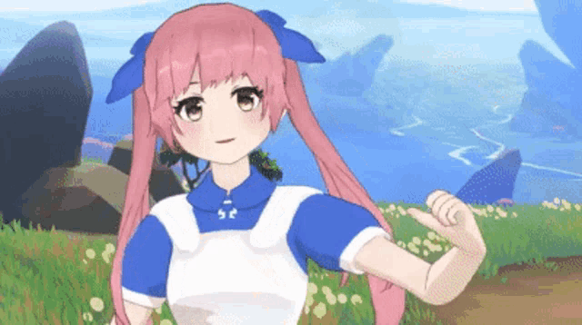 a cartoon girl with pink hair and a blue bow in her hair
