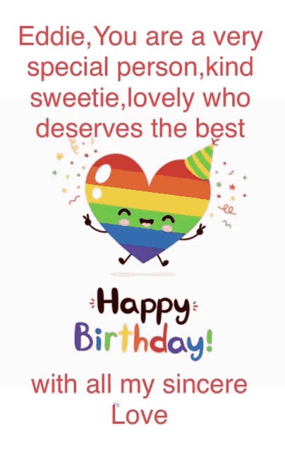 a birthday card for eddie with a rainbow heart wearing a party hat