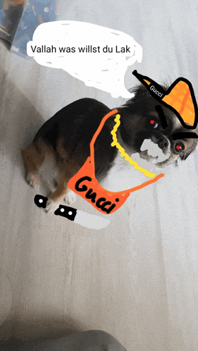 a drawing of a dog wearing a gucci bag
