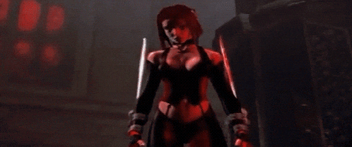 a woman with red hair is holding a bloody sword in a dark room