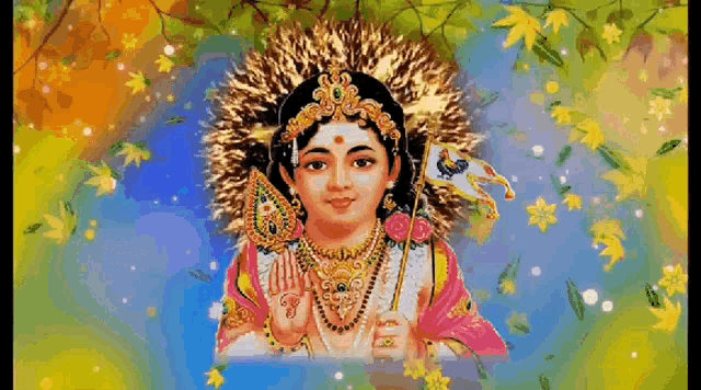 a colorful painting of a deity with a crown on his head