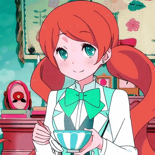 a girl with red hair and blue eyes is holding a bowl