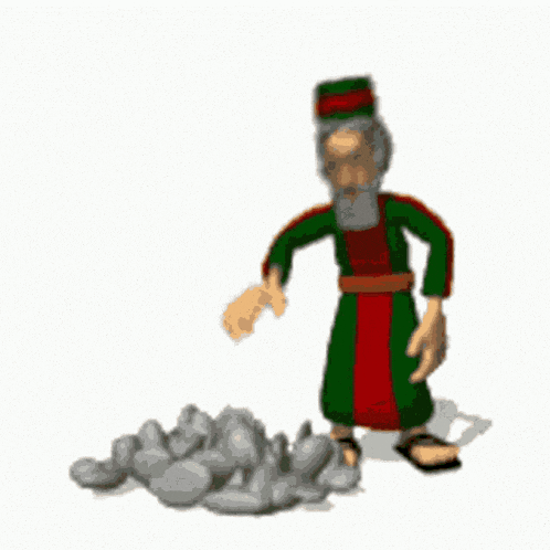 a cartoon of a man in a green robe standing next to a pile of rocks ..