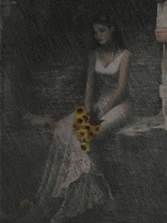 a woman in a white dress is sitting in the rain holding a bouquet of sunflowers