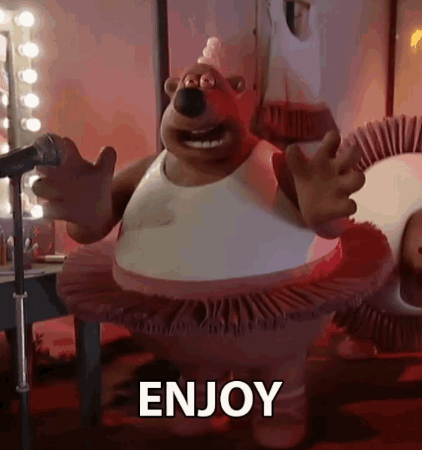 a cartoon character is wearing a tutu and singing into a microphone with the word enjoy below him