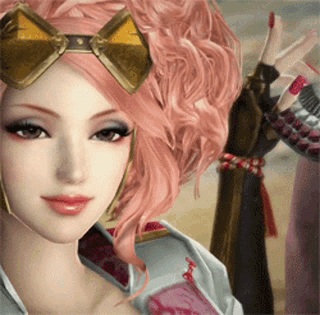 a woman with pink hair wearing sunglasses and a bow on her head