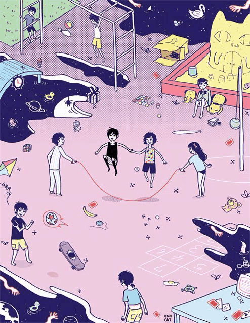 a drawing of children playing in a playground with the letters x and y visible