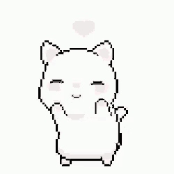 a pixel art of a white cat with a pink heart above it .