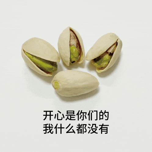 four pistachios on a white surface with chinese writing on it
