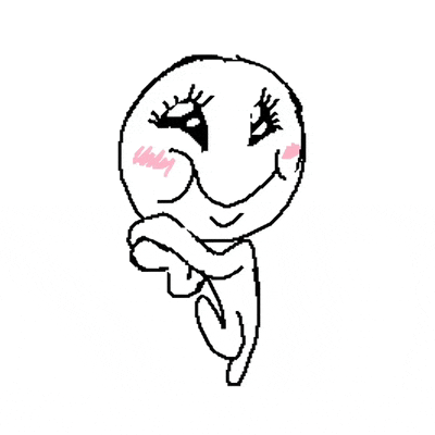 a black and white drawing of a smiley face with a pink blush on its cheek .