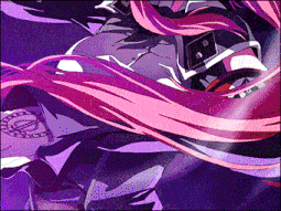 a close up of a purple and pink anime character with a circle in the background