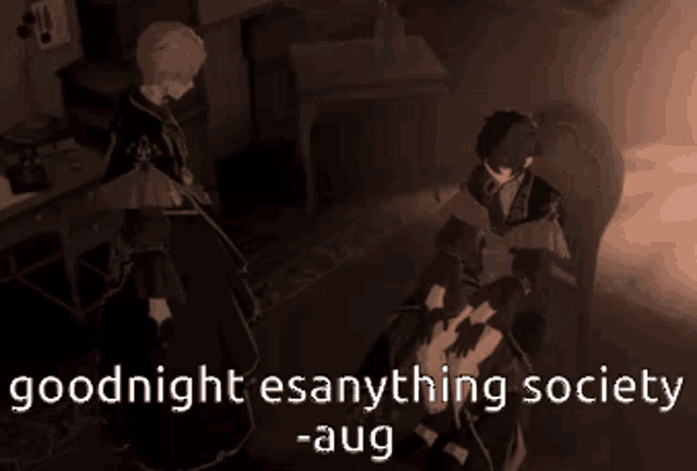 a couple of people standing next to each other with the words " goodnight esanything society " written below them