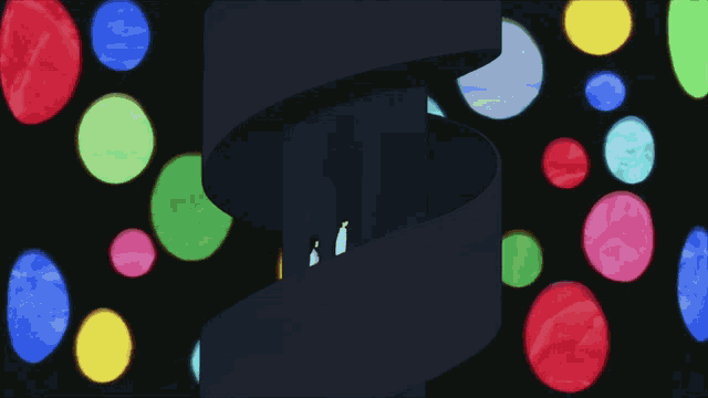 a colorful background with circles and a black spiral