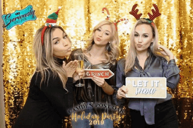 three women pose in front of a gold sequined backdrop for a camden post oak holiday party in 2019