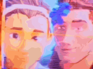 a painting of two men 's faces with a purple background