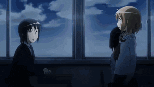 a couple of anime characters are standing in front of a window