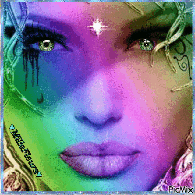 a picture of a woman 's face with a rainbow of colors and the words picmix on the bottom right