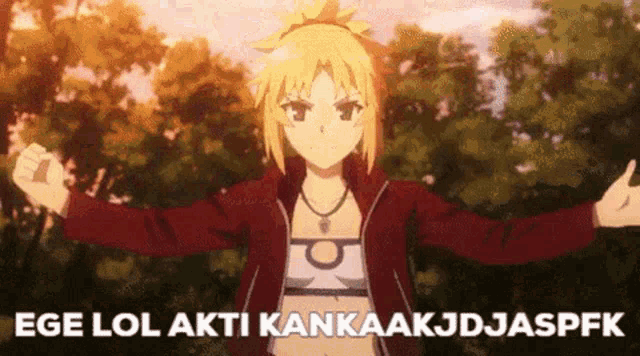 a girl in a red jacket with her arms outstretched says ege lol akti