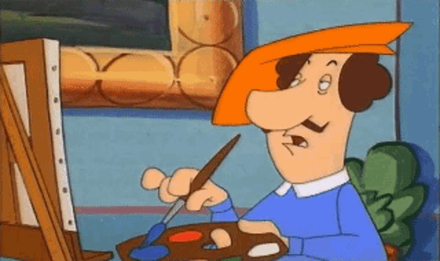 a cartoon character is painting a picture with a brush and palette